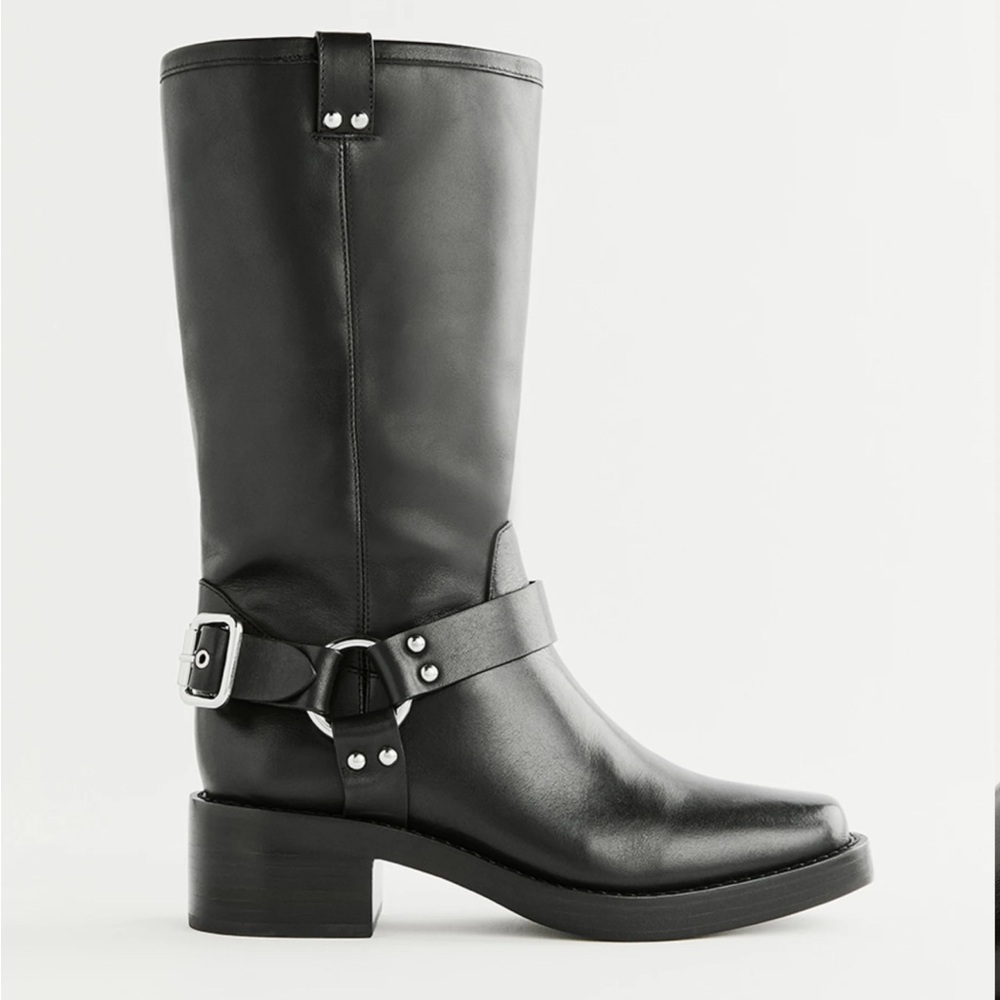 Reformation Francesca Black Leather Harness Moto Boots